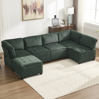 121.26" Corduroy Modular Sectional Sofa 6- Seat U Shaped Couch with Reversible Chaise and Ottoman