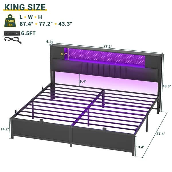 dimension image slide 7 of 9, Farmhouse Bed Frame with Holey Board, Upholstered Headboard Platform Bed with Charging Station