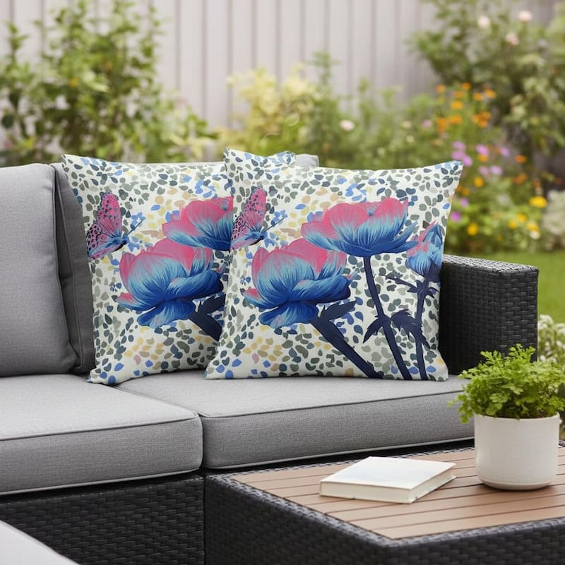 HomeRoots Set of Two 16" X 16" Blue and Pink Butterfly Blown Seam Floral Indoor Outdoor Throw Pillow - 16.00' X '16.00' X '5.00 - Blue/Pink - 16.00' X '16.00' X '5.00