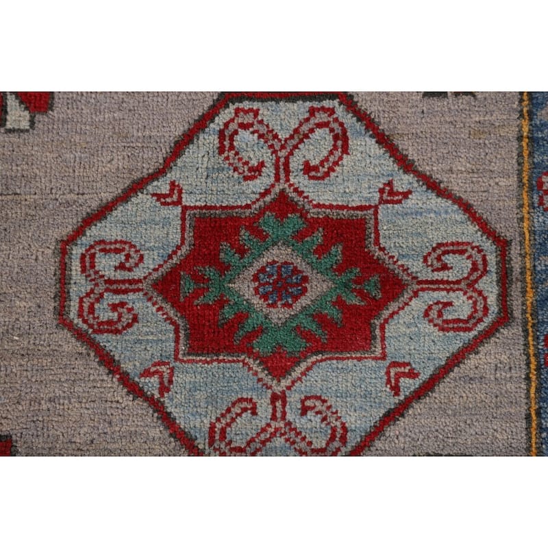 Grey Geometric Kazak Area Rug Hand-Knotted Wool Carpet - 8'2"x 11'5"