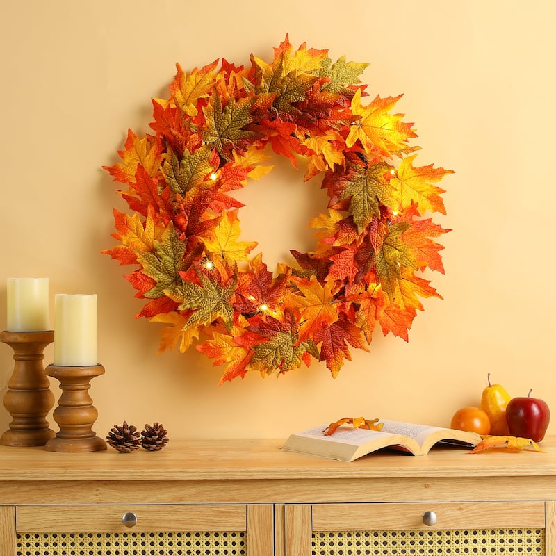 Glitzhome LED Lighted Fall Maple Leaves Wreath/Garland with Timer
