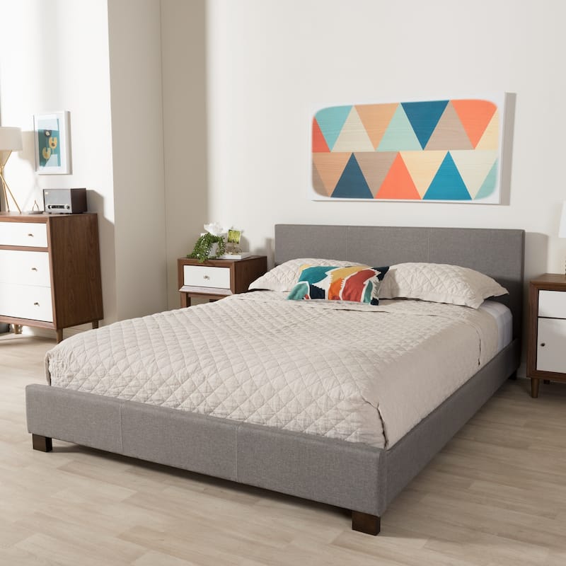 Full Platform Bed with Headboard - Gray Upholstered Comfort Bed Frame - Modern Bedroom Furniture