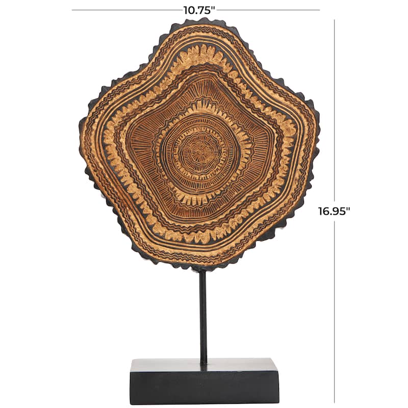 Resin Tribal Abstract Carved Sculpture with Black Stand and Wavy Edge - Brown - Roche River Decor - 3"W x 11"L x 17"H