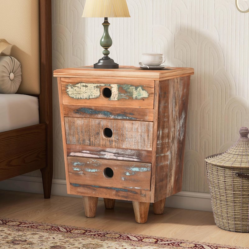 Reclaimed Wood Nightstand with 3 Drawers, Vintage Bedside Table - Natural