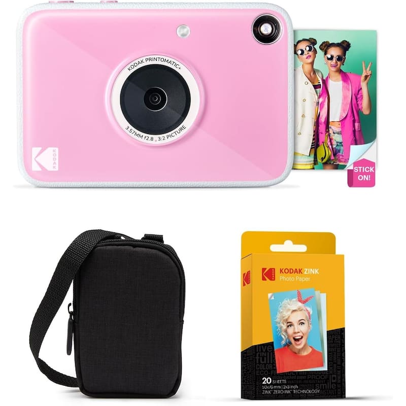 KODAK Printomatic+ Instant Camera Bundle 10MP w/ Black Case & 20 Zink Paper - Pink