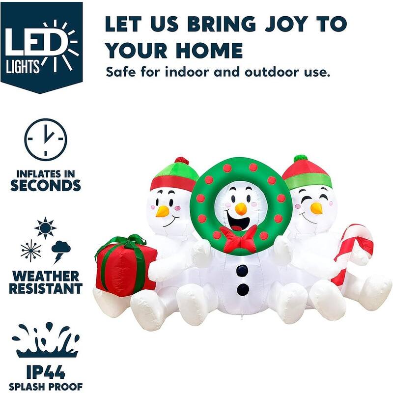 6 FT Long Christmas Inflatable Snowmen Outdoor Decoration, Three Sitting Snowmans with Build-in LEDs Blow Up Inflatables - White