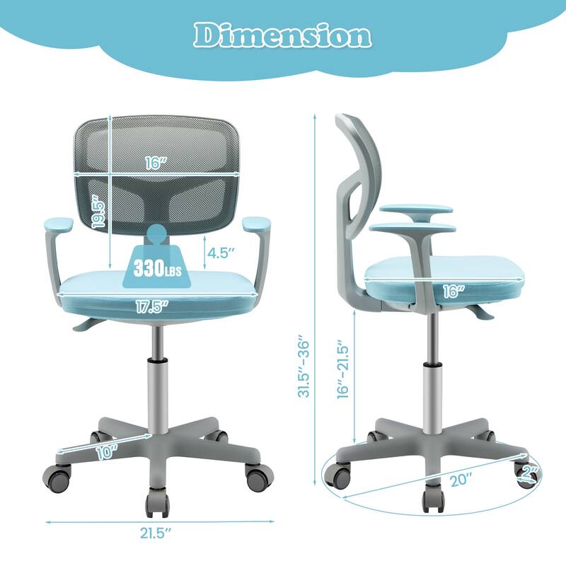 Kids Ergonomic Adjustable Height Study Chair with Swivel Seat and Mesh Backrest and Armrests