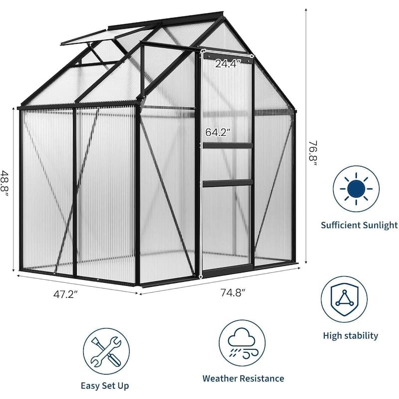 6x4FT Walk-in Polycarbonate Greenhouse for Outdoors Winter Gardening, Black