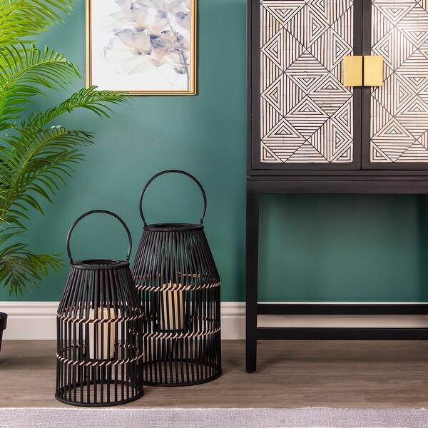 slide 2 of 3, Bamboo 20" Lantern, Black 20"H - 12.25" x 12.25" x 20.0" Black - 12.25" x 12.25" x 20.0"