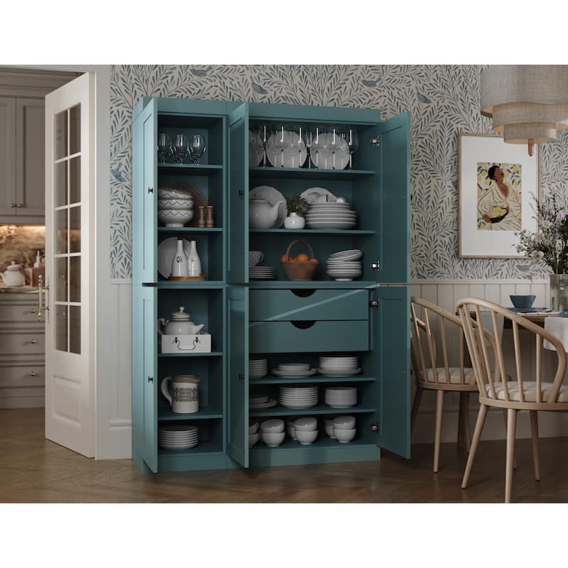 Palace Imports 100% Solid Wood 48.5" Pantry Cabinet with Shaker Doors, 2-Drawers and Adjustable Shelves - Aqua Blue