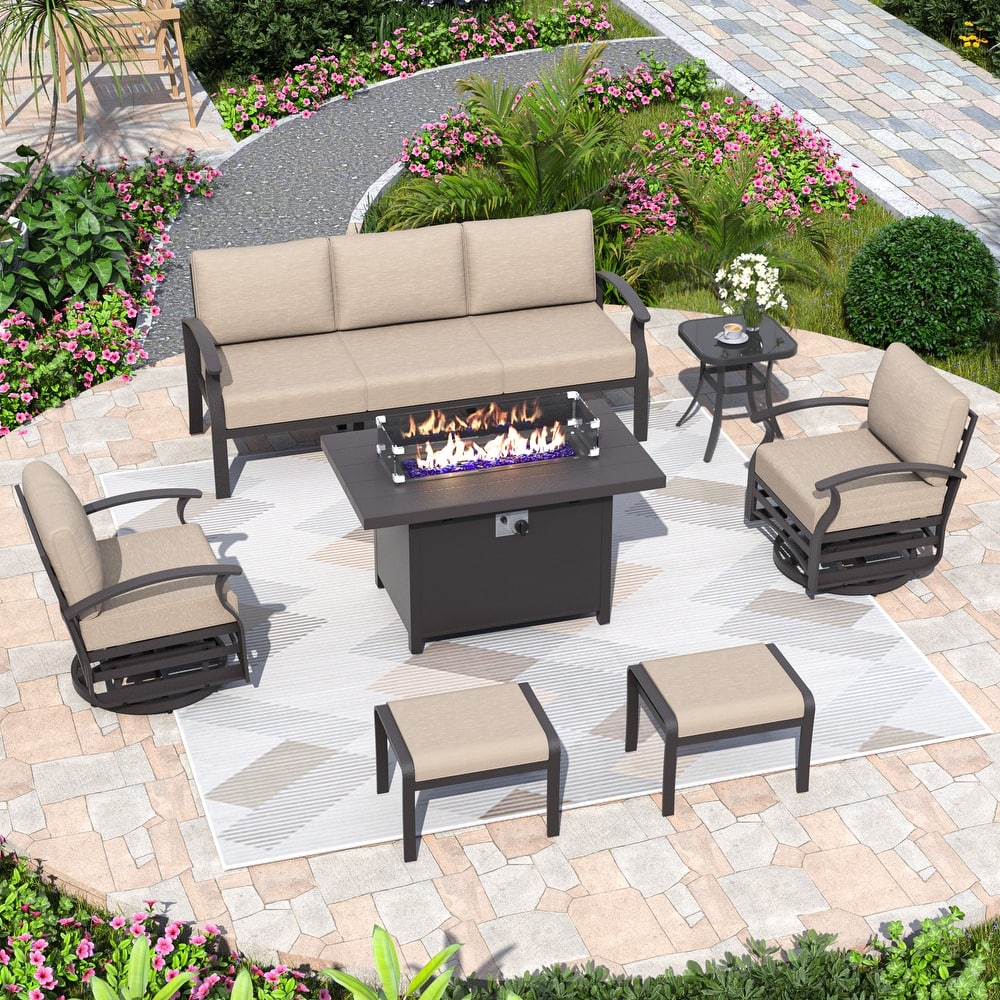Aluminum Patio Furniture Set with Fire Pit, Ottomans & Rocking-Swivel Chairs, Modular Sofa with Thick Cushions