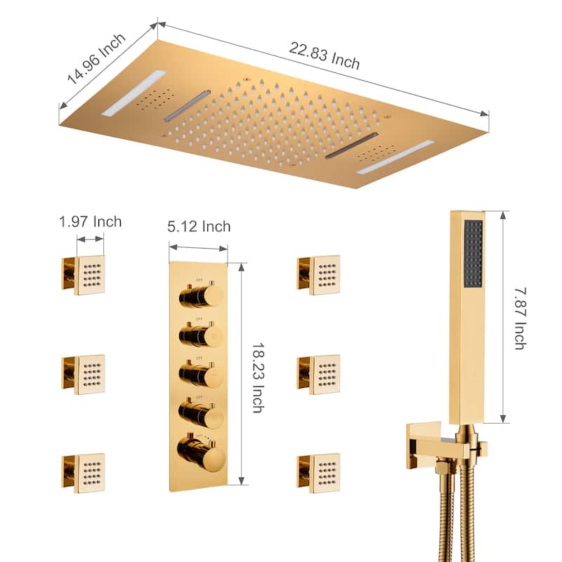 Luxury 4-Spray Patterns 23 in. Ceiling Mount Shower System with Handheld Shower Head, 6 Body Jets, LED, and Music - 15" x 23"