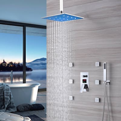 chrome ceiling mount 12 inch LED rainfall 3 way digital display shower system with body jets - 7'6" x 10'9"