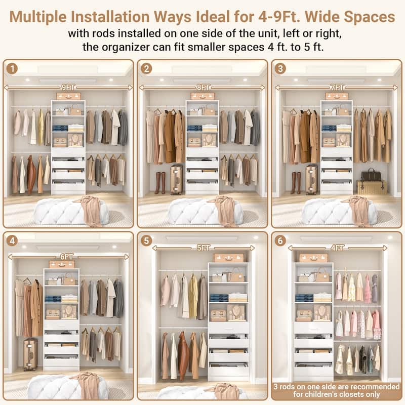 Modular Closet System Wardrobe Organizer 4 Adjustable Hanging Rods + 4 Wooden Drawers, Space-Saving for 4-9Ft Closets