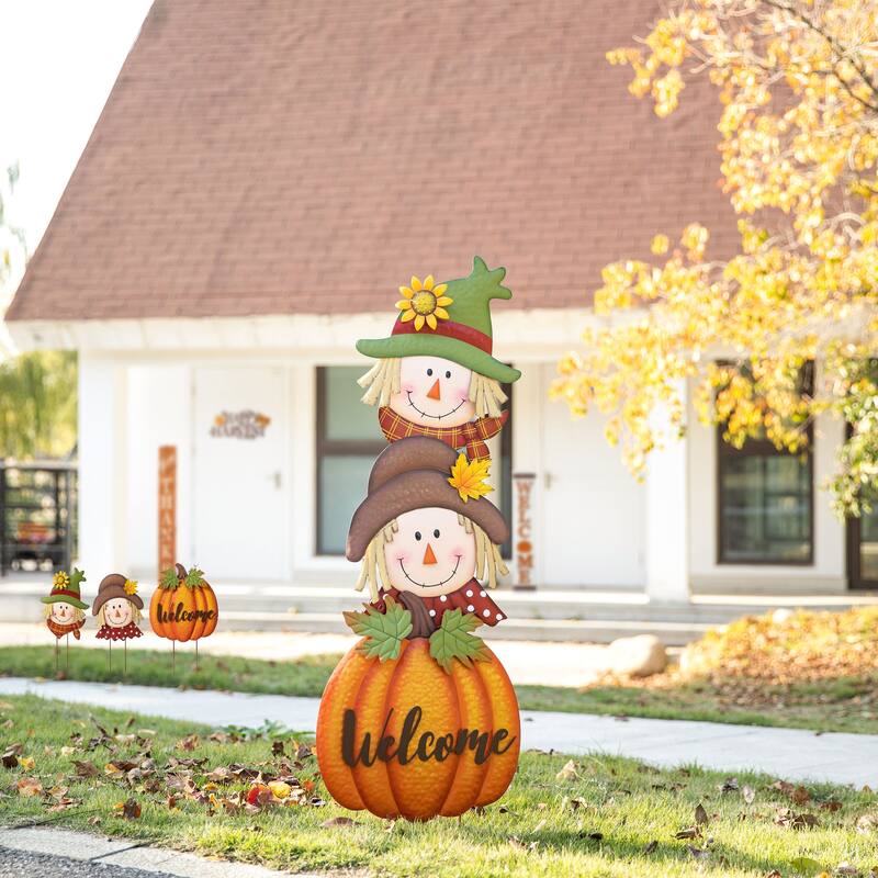 Glitzhome 46"H Fall Metal Stacked Scarecrow & Pumpkin Yard Stake for Thanksgiving Decor