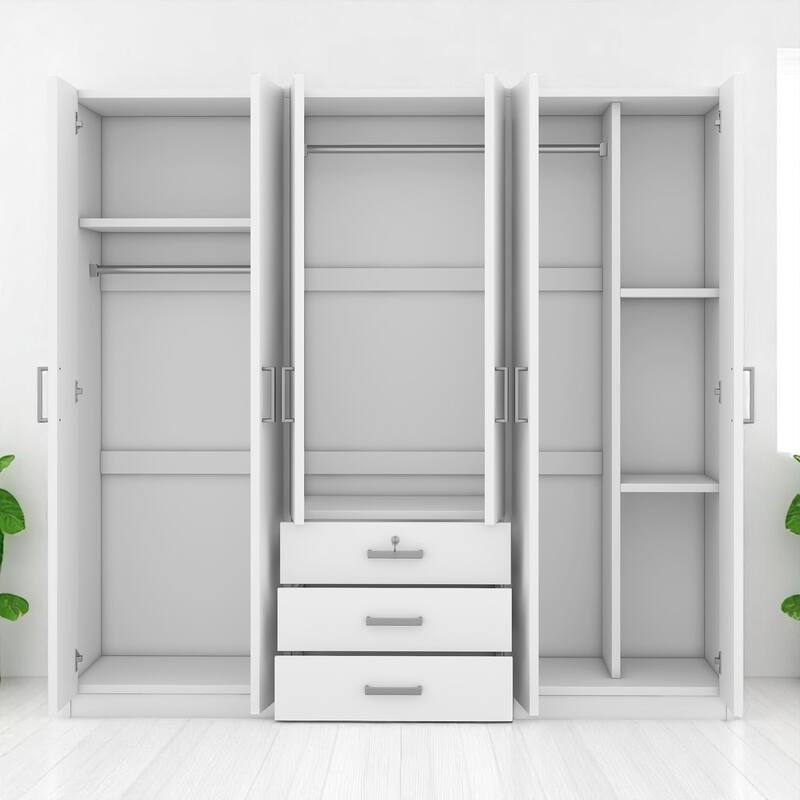Modern 6-Door Wooden Wardrobe Armoire with Shelves, Drawers, and Locking Storage for Bedroom Use