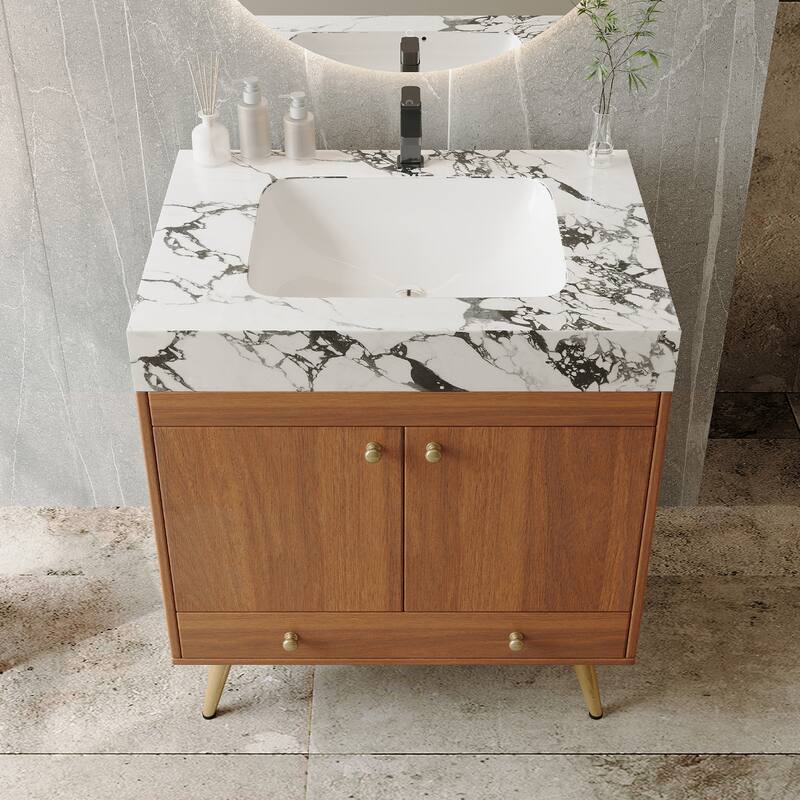 Mid-Century 30" Freestanding Bathroom Vanity with Faux Marble Top, Ceramic Sink & Gold Legs Cabinet