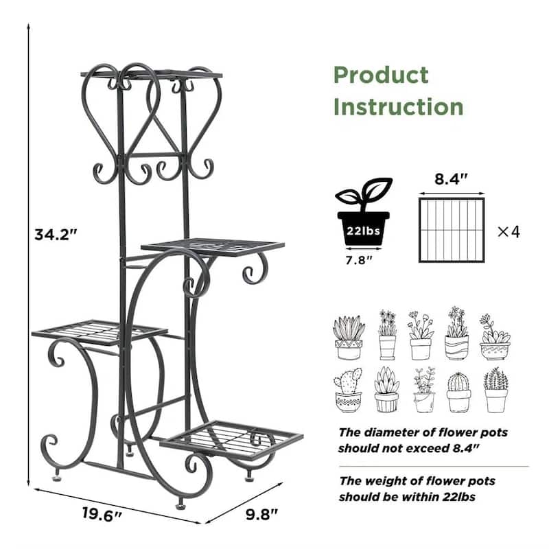 Black Metal 4-Tier Plant Stand Rectangle Shelf Pedestal Indoor Outdoor Durable - 19.6” L x 9.8” W x 34.2” H
