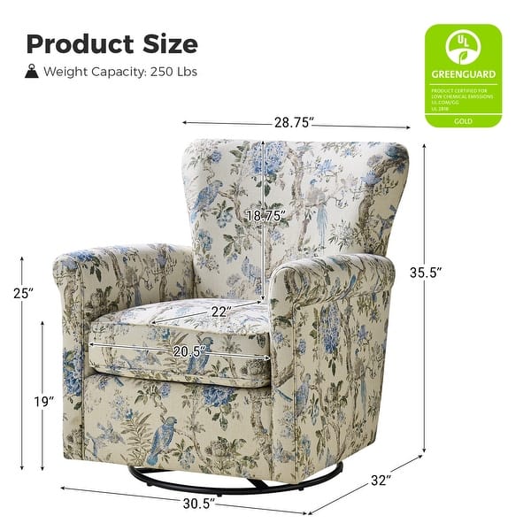 dimension image slide 0 of 6, HULALA HOME Georg Transitional Floral Fabric Swivel Rocker Chair with Removable Backrest and Rolled Armrest Set of 2