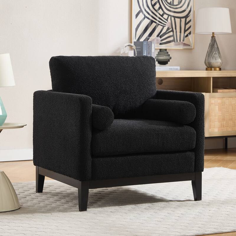 35.4"W Modern Reading Chair,Upholstered Accent Chair with Pillows and Wood Legs - Black/Black Leg