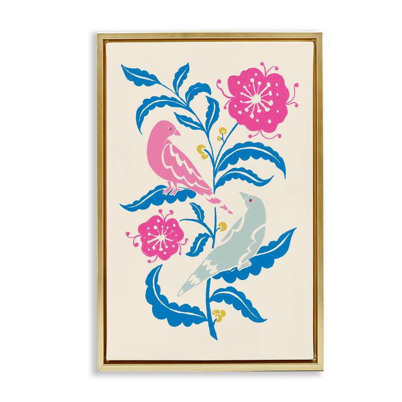 Stupell Minimal Bird Couple on Leaves Framed Floater Canvas Wall Art Design By Hannah Moren - 17 x 25 - Gold