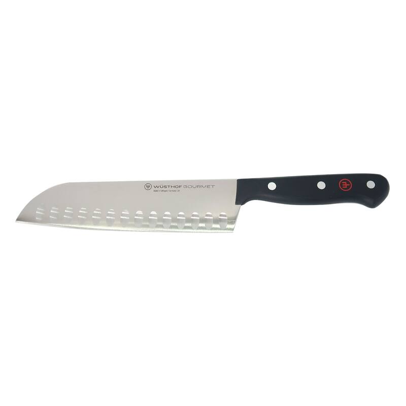 Wusthof Classic 9" Bread Knife, Silver + Wusthof Gourmet 7" Hollow Edge Santoku Knife, Black
