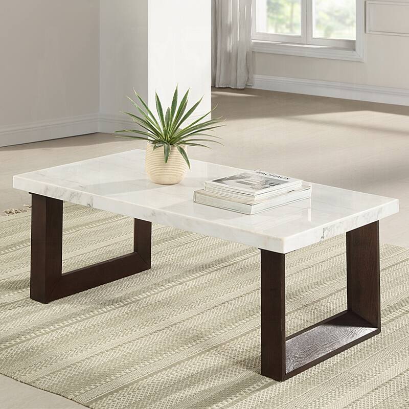 Rectangular Coffee Table with Marble Top in White and Brown