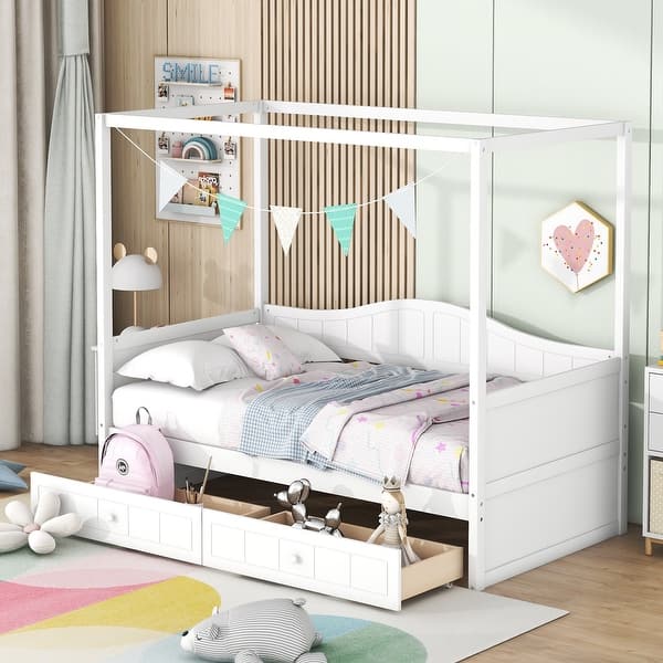 slide 2 of 18, Pine Wood Twin Size Canopy Day Bed Frame with 2 Drawers and Built-in Backrest, Modern Platform Bed Frame for Kids, Teens