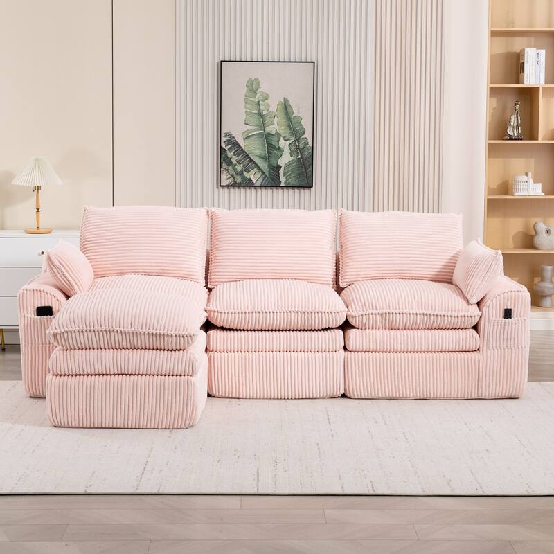 103" L-Shaped Corduroy Boneless Sectional Sofa with Movable Ottoman