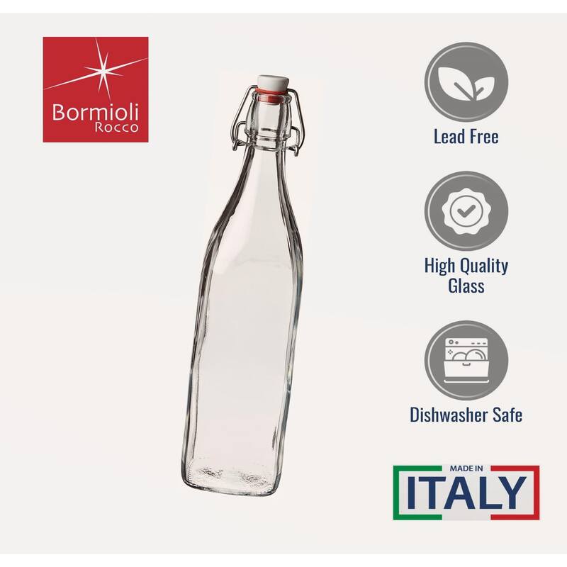 Bormioli Rocco Square Swing Top Glass Bottles With Airtight Hermetic Lid - 33.75 oz