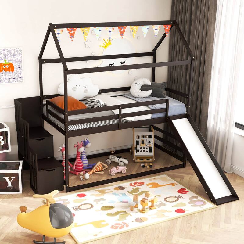 Gymax Loft Bed w/ Slide & Storage Staircase Twin Over Twin