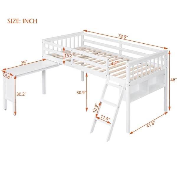 Twin Size Wood Loft Bed Maximized Space Raised Bed with Removable Desk and Bed Bath