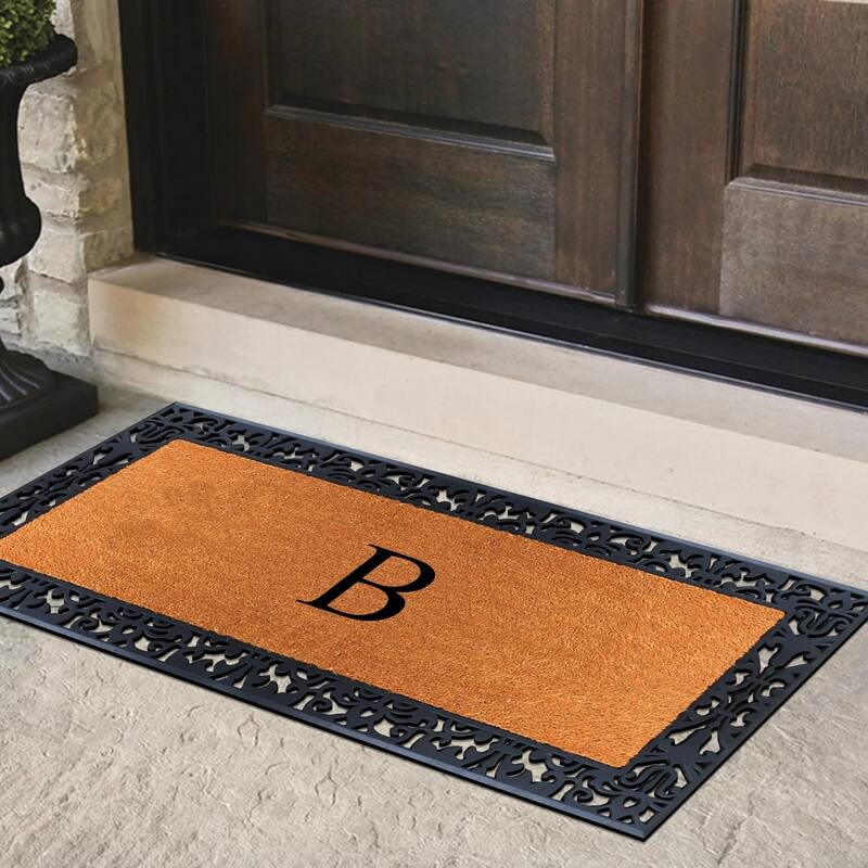 A1HC Rubber and Coir Paisley Border Heavy Duty Non-Slip Durable Double Door Monogrammed Doormat 30"X60", Black