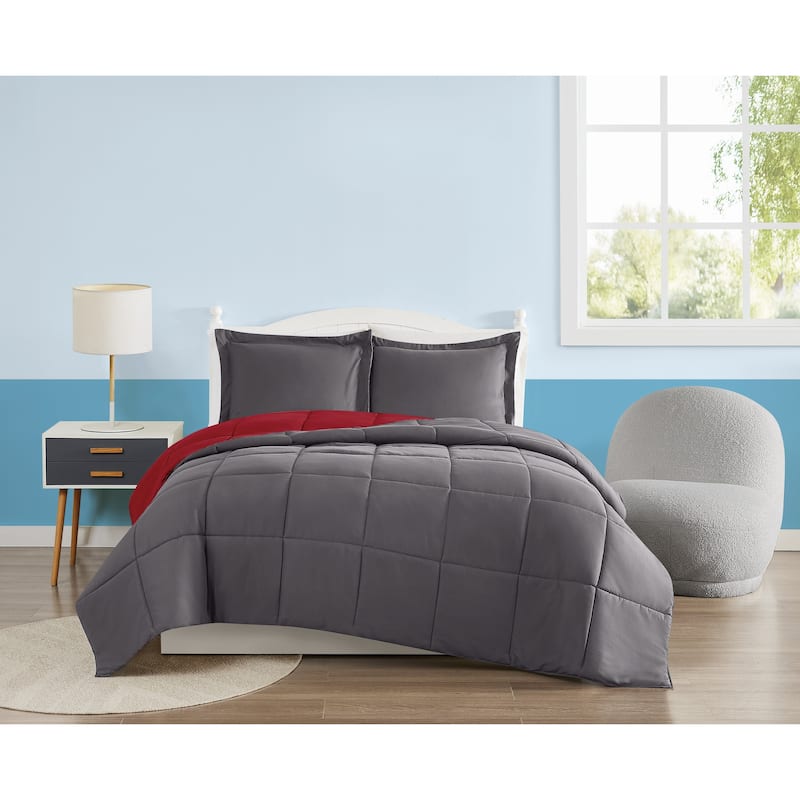 My World Solid Reversible 3-piece Comforter Set - Twin - Twin XL - Dark Grey/Red