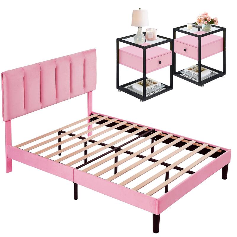 VECELO, Five Colors, 3-Pieces Tufted Upholstered Platform Bed Frame with Adjustable Height Headboard and Nightstands Set of 2