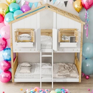 Twin over Twin Bunk Bed With Roof With Safety Guardrails And Ladder