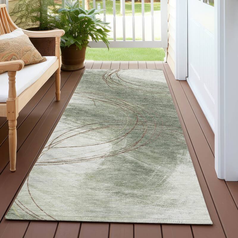 Machine Washable Indoor/ Outdoor Abstract Modern Chantille Rug - Sage - 2'3" x 7'6"
