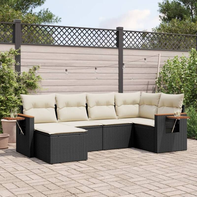 vidaXL Patio Sofa Set with Cushions Outdoor Conversation Furniture Poly Rattan - Black and cream without table - 21.7 x 21.7 x 14.6 in