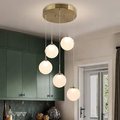 Icey Modern 5-Light Gold LED Chandelier Glass Pendant Light for Dining Room