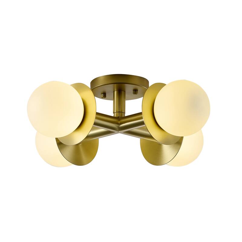 4-Light Satin Brass Flush Mount With White Glass Globe Shades