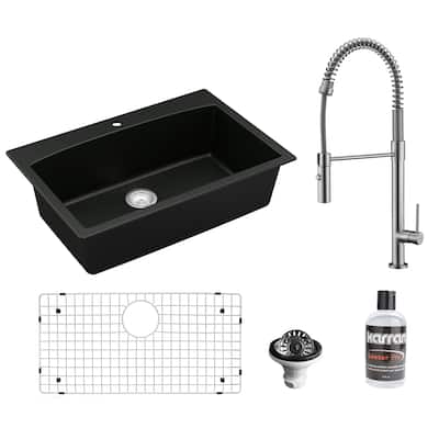 Karran All in One Drop-In Quartz Composite 33 in. Single Bowl Kitchen Sink in Black with Faucet KKF220 in Stainless Steel