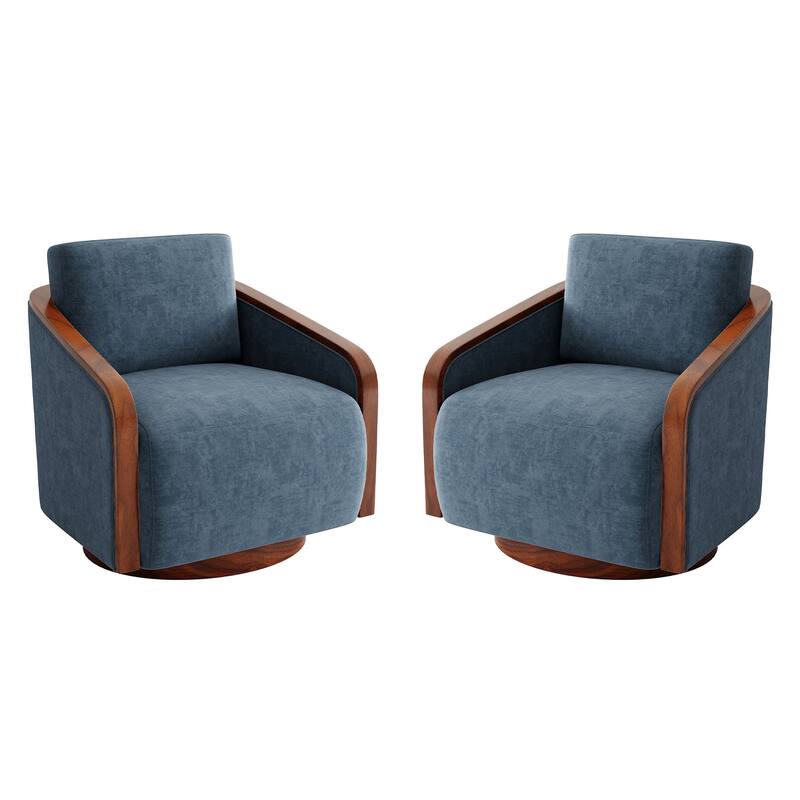 Set of 2 Modern 360° Swivel Accent Barrel Chairs with Wood Arms