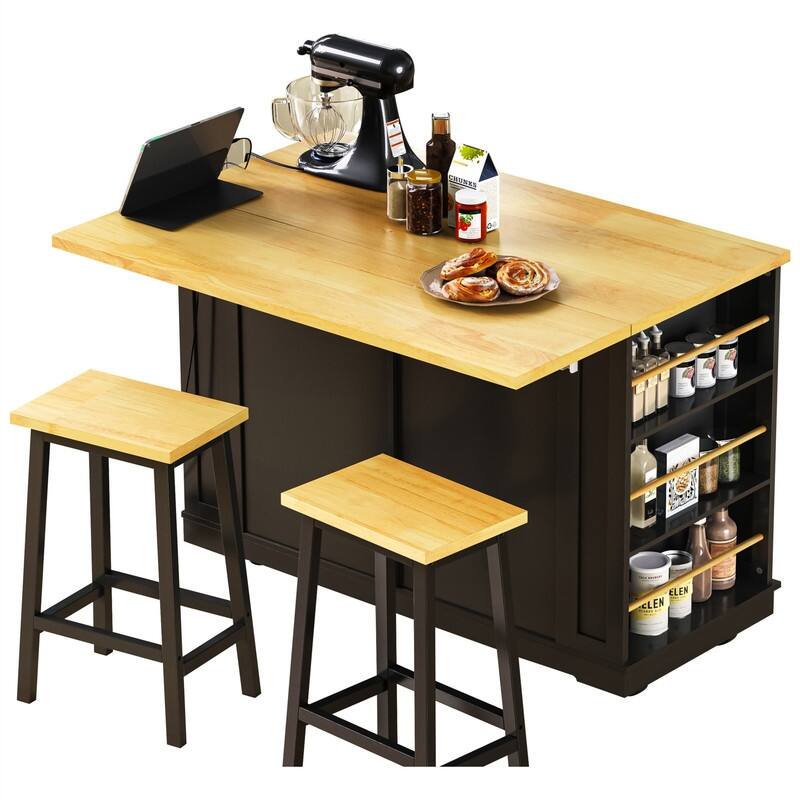3-Piece/1-Piece Kitchen Island Set with/without 2 Barstools, Rolling Kitchen Storage Cart w/ 2 Drawers, Drop Leaf & 5 Side Racks