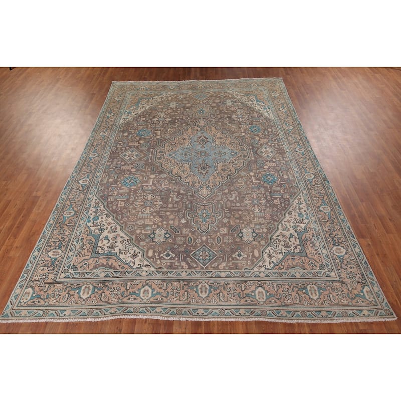 Brown Distressed Tabriz Vintage Persian Area Rug Handmade Wool Carpet - 8'3" x 11'4"