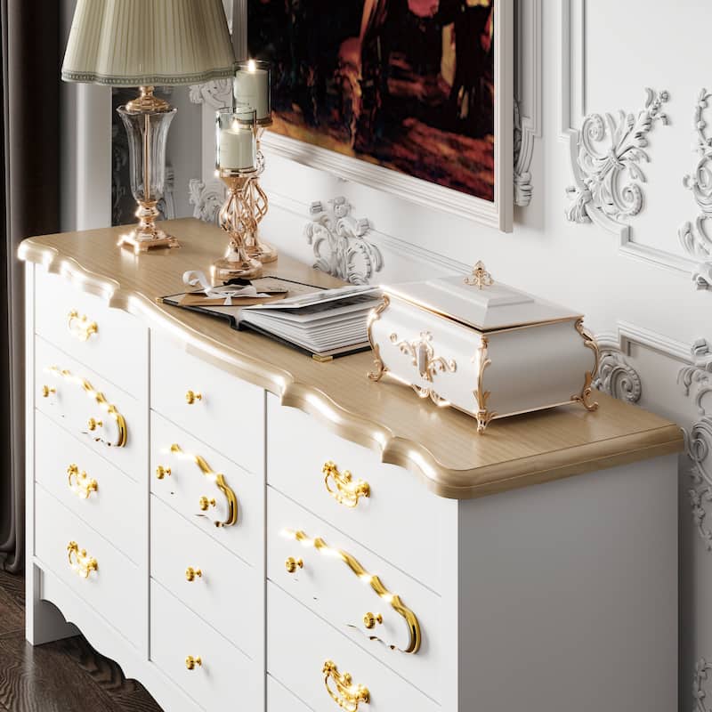 Luxury White and Gold 12-Drawer Dresser with Pine Wood Top Elegant Storage Cabinet for Bedroom or Living Room