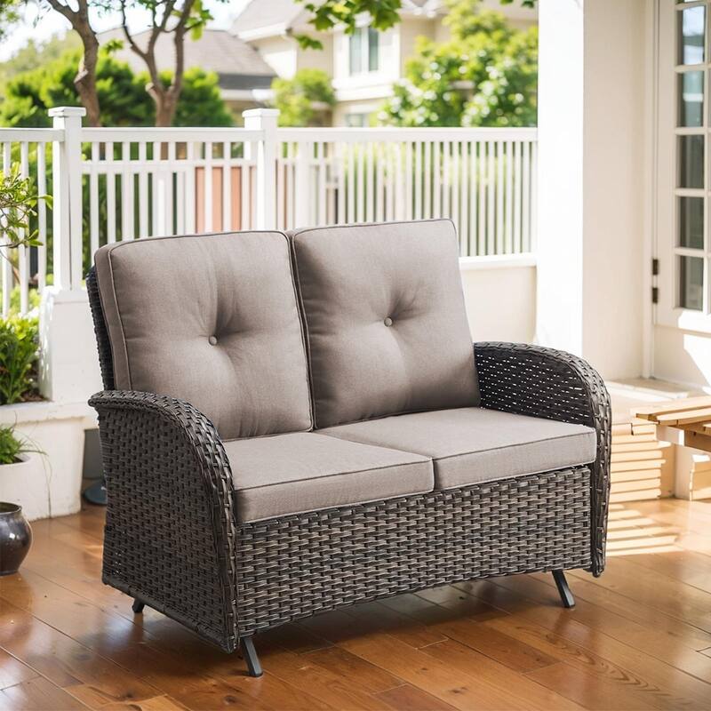 Outdoor Glider Loveseat Patio Wicker Sofa - Brown - Grey