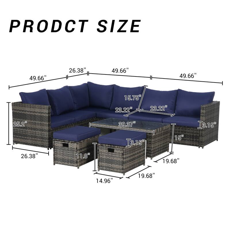 6-Piece Outdoor Patio Rattan Conversation Sectional Sofa Set with Tempered Glass Coffee Table