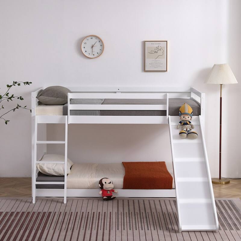 White Elevated Cross Guard Rail with Slide Twin Pine Wooden Bed - White - Twin