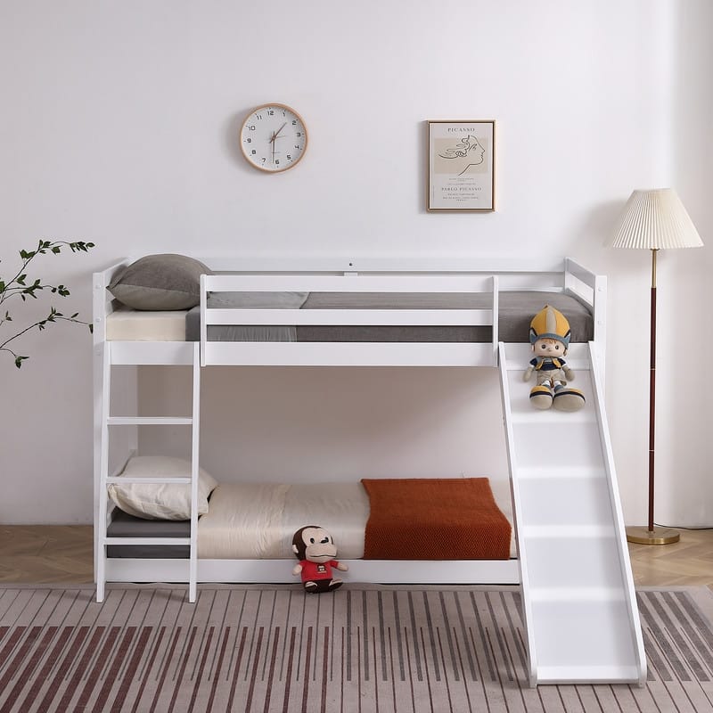 White Elevated Cross Guard Rail with Slide Twin Pine Wooden Bed