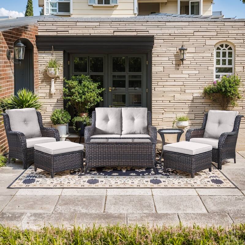 Outdoor Loveseat Sofa with Chair Ottoman Table - 7PCS - Sofa with Chair Table and Ottoman - Brown Rattan - Beige Cushion